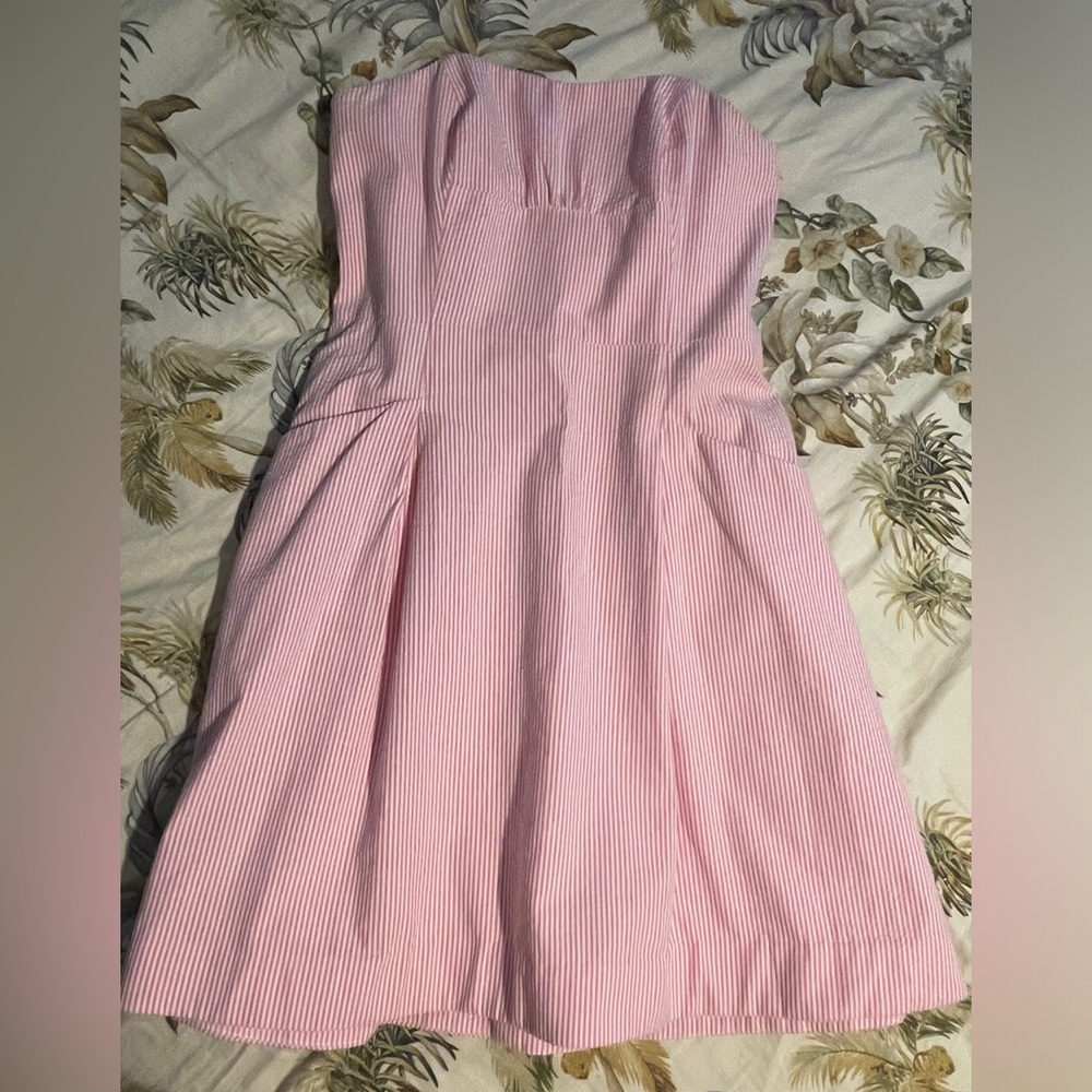 Strapless Lilly Pultizer Pink and White Striped Seersucker Dress, Size 10